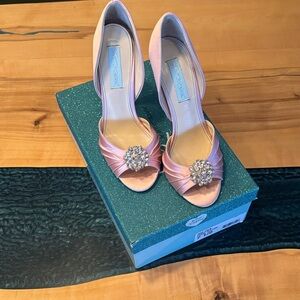 Betsey Johnson Pink Satin Heels with Crystal Embellishment